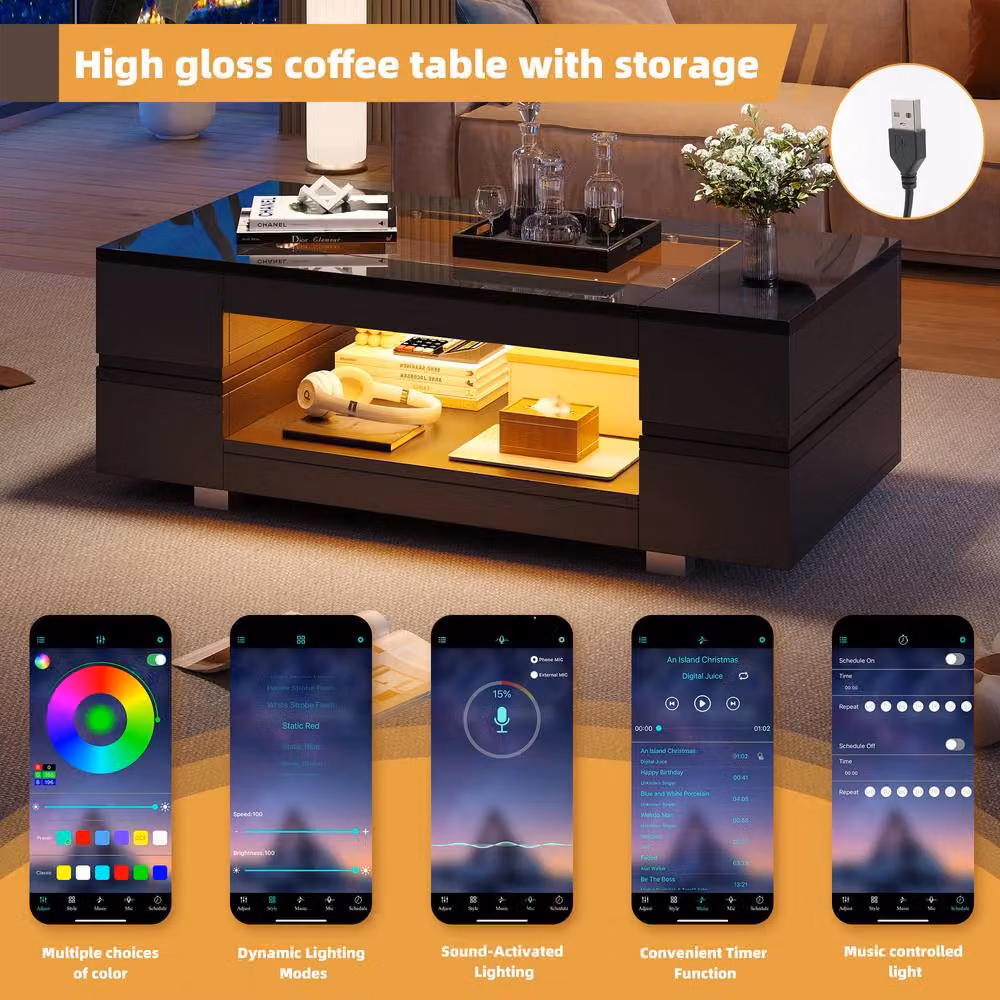 BTM Modern High Gloss Coffee Table with LED Glass Top and Open Storage, Black, W/D/H: 100 x 50 x 35 cm – 6