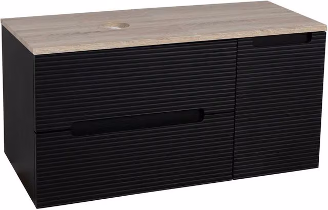 Bathroom Kingdom Monza Black and Oak Fluted Wall Hung Vanity Basin Width: 90 cm