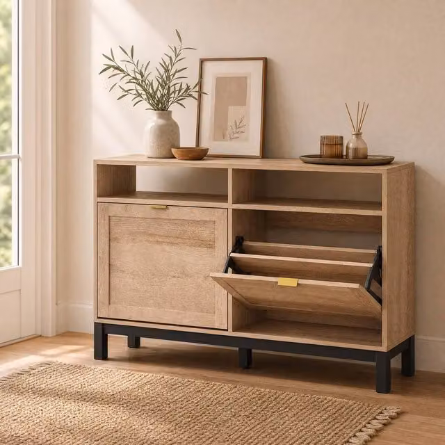 STILVORA Modern Brown Shoe Cabinet with Tilting Compartments and Open Shelves