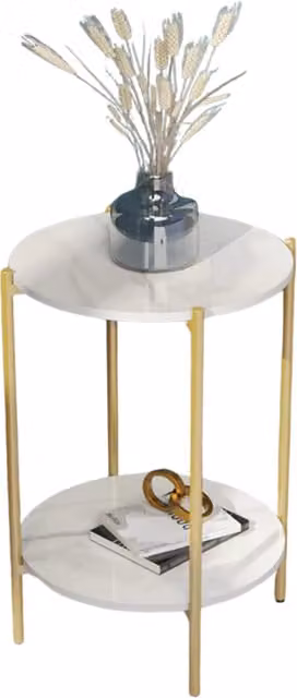 Pirlo Plush Round 2 Tier White Faux Marble Side Table with Metal Legs