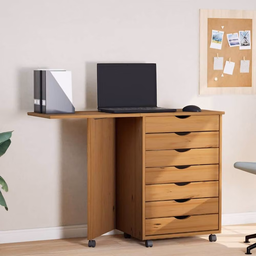 Berkfield Home Moss Rolling Cabinet with Desk in Honey Brown Solid Wood Pine – 2