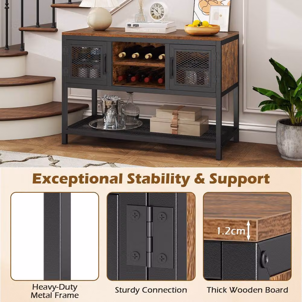 Gymax Industrial Entryway Storage Table and Sideboard with 2 Metal Mesh Doors in Brown – 8