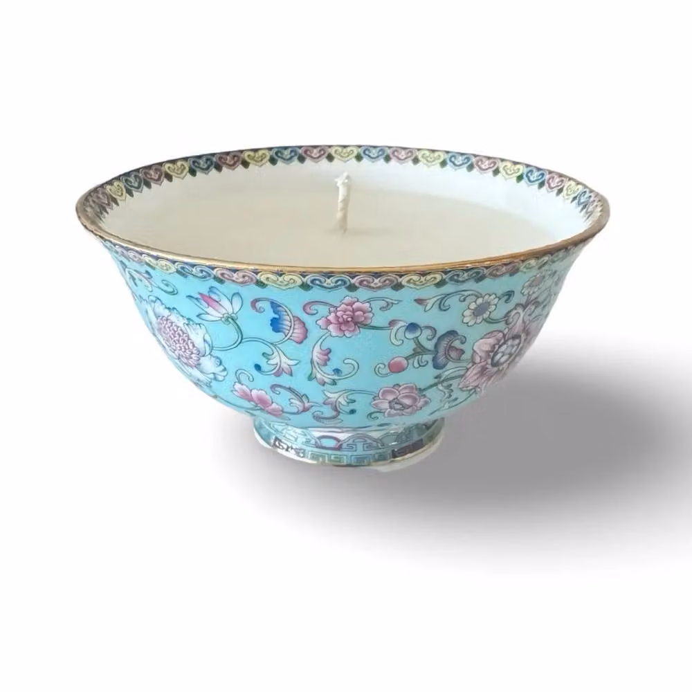 Candle Up Oriental Teal Ceramic Bowl Candle in Petrol and Multicolour with Fresh Floral Scent – 2