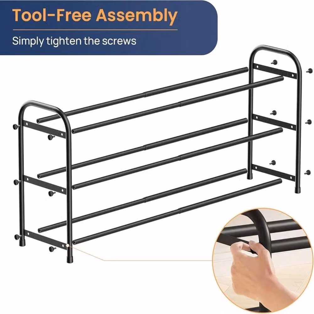 VOGREX Extendable 3-Tier Metal Shoe Rack Organiser in Black, W/D/H: 80.0 x 41.5 x 24.0 cm – 2