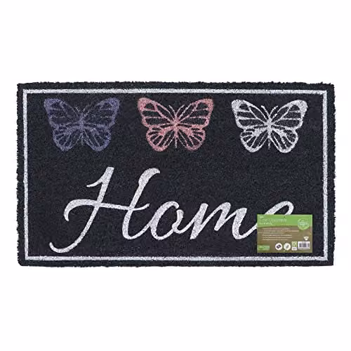 JVL Eco-Friendly Coir Door Mat with Butterfly Design, Black and Sand, W: 70 cm, D: 40 cm – 1