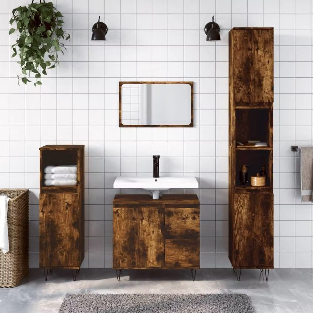 Berkfield Home Modern 3 Piece Brown Smoked Oak Bathroom Furniture Set with Tall Cabinet, Side Cabinet and Vanity Unit – 2