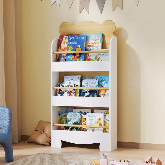AIYAPLAY 3 Tier Childrens Bookcase in White with Bear Theme