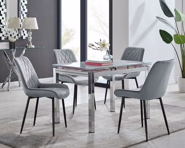 FurnitureboxUK Enna White Glass Extending Rectangular Dining Table and 4 Grey Pesaro Soft Velvet Chairs Set