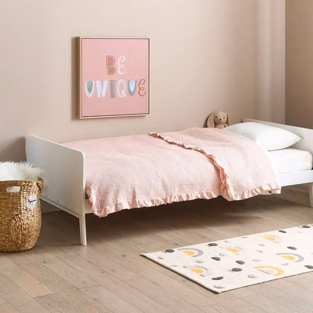 Wyld and Coco White Lacquered Pine Bed Frame with Scandinavian Slatted Base, W/D/H: 90 x 200 x 60 cm