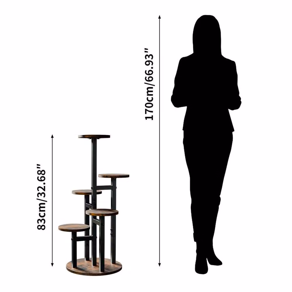 KORVIXA 6 Tier Industrial Metal and Wood Plant Stand in Brown – 2