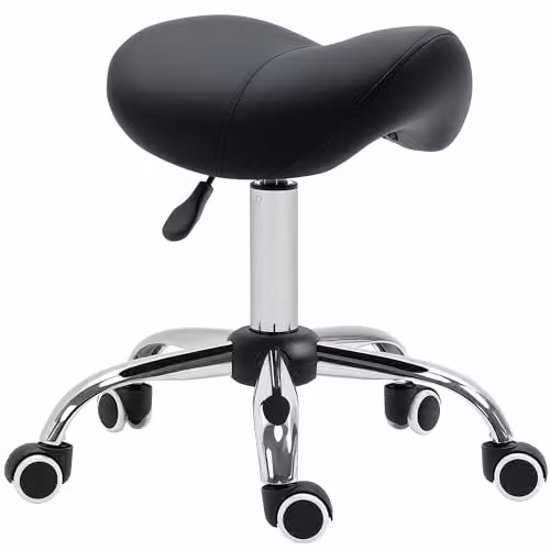 HOMCOM Black Synthetic Leather Saddle Stool with Metal Frame and Castors