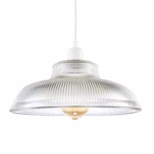 Happy Homewares Classic American Diner Round Clear Ribbed Glass Ceiling Pendant Lamp Shade, W: 30 cm, H: 12 cm