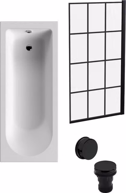 Balterley Round Floor Standing Bath Set in White with Black Square Screen and Black Waste, W/D/H: 170 x 70 x 3 cm – 1