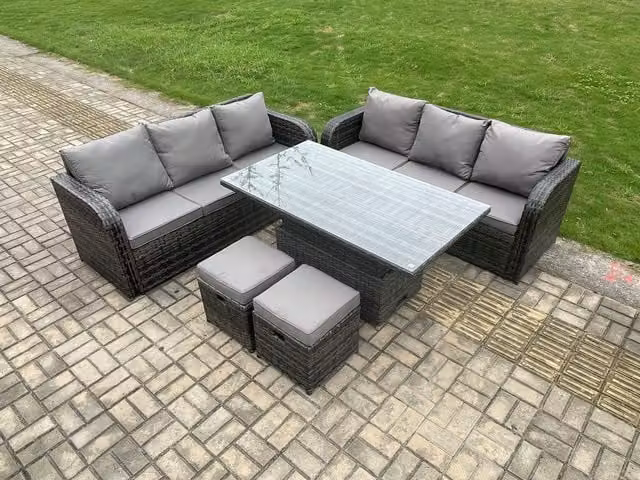 Fimous 8 Seater Outdoor Rattan Garden Furniture Set with Height Adjustable Dining Table and Footstools in Dark Grey