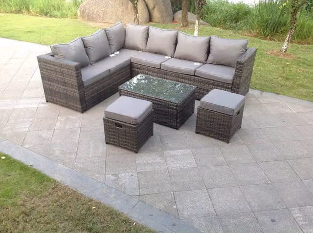 Fimous 8 Seater Grey Rattan Corner Sofa Set with Oblong Coffee Table for Garden and Patio
