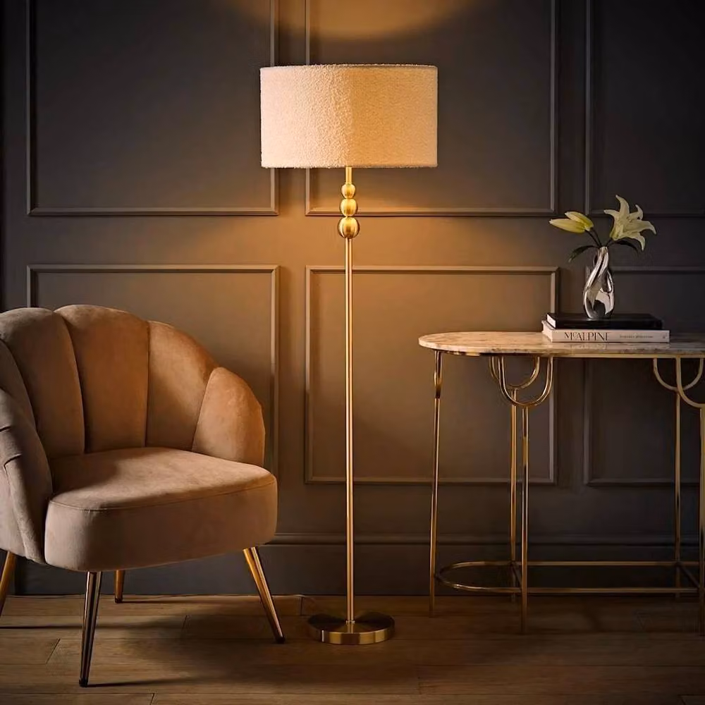 FLAVORA Gold Standing Floor Lamp with White Fabric Cylinder Shade, H 145 cm x W 45 cm x D 45 cm – 2