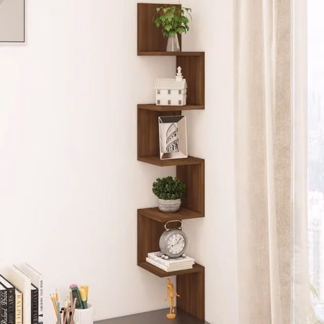 Alivio Modern 5-Tier Corner Wall Mounted Wooden Display Shelf in Brown