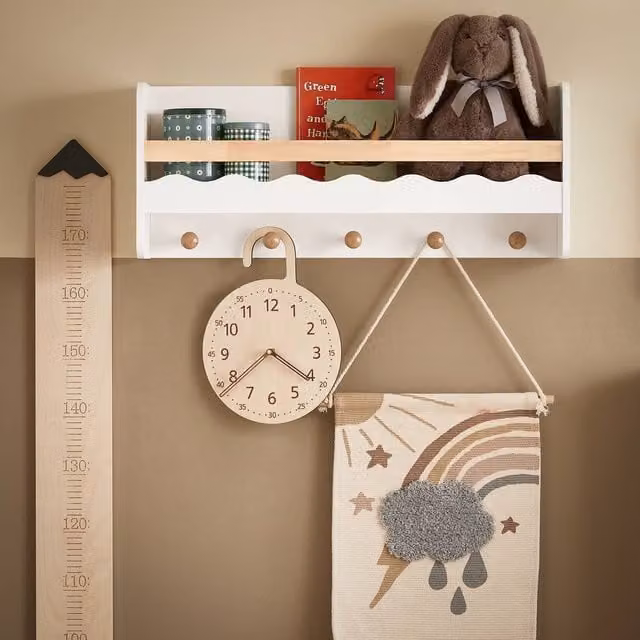 SoBuy Scandinavian Wall Mounted Shelf with 5 Hooks in White and Natural Wood