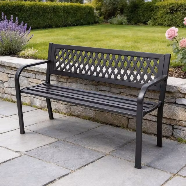 Home Source Modern Geometric Black Metal Garden Bench with Matt Finish