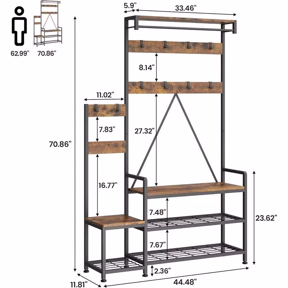 VOGREX Industrial Hall Tree with Bench and Shoe Storage in Brown – 2