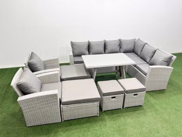 Fimous 12 Seater Outdoor Rattan Garden Furniture Set with Dining Table and 2 Armchairs in Light Grey