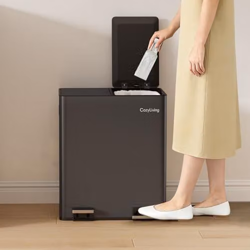 CozyLiving Premium Stainless Steel Dual Compartment Pedal Bin with Soft-Close Lid and Removable Inner Buckets, Dark Grey, 15L+15L – 4
