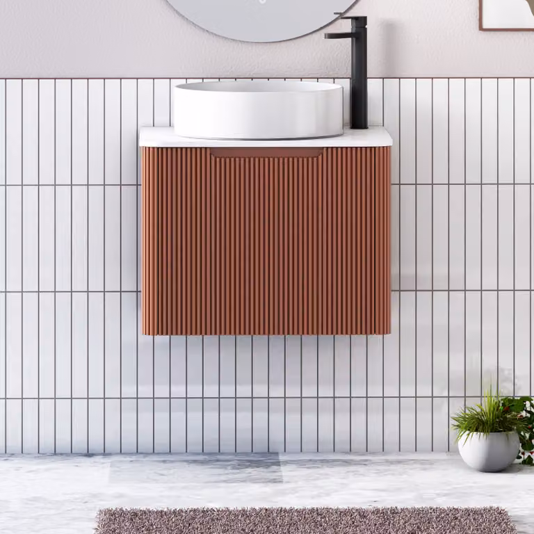 Royal Bathrooms Avenza 600mm Terracotta Clay Wall Hung Vanity Unit with One Drawer, Plain White Worktop and Art Round Basin