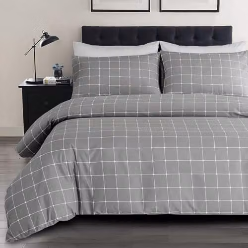Lazzaro Grey Checked Microfibre Double Duvet Cover and Pillowcase Set with Zipper Closure, W/D/H: 200 x 200 cm – 2