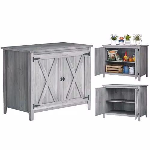 Outsunny Wooden Garden Shed with Internal Shelves and Hinged Doors, Light Grey, W/D/H: 110 x 60 x 88.5 cm