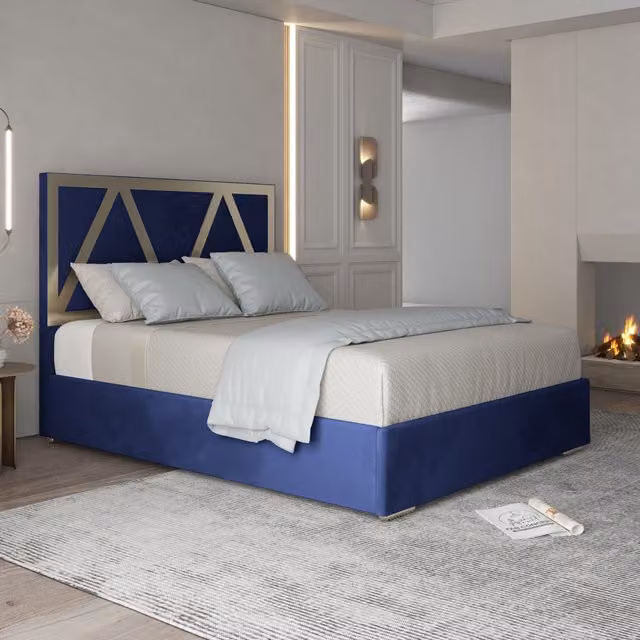 Belgrave Soft Velvet Upholstered Metal Bed Frame in Blue, W/D/H: 200 x 200 cm