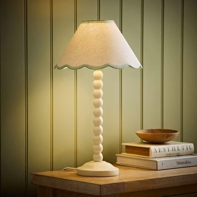 ValueLights Bobbin Cream Table Lamp with Green Trim Fabric Shade and LED Bulb