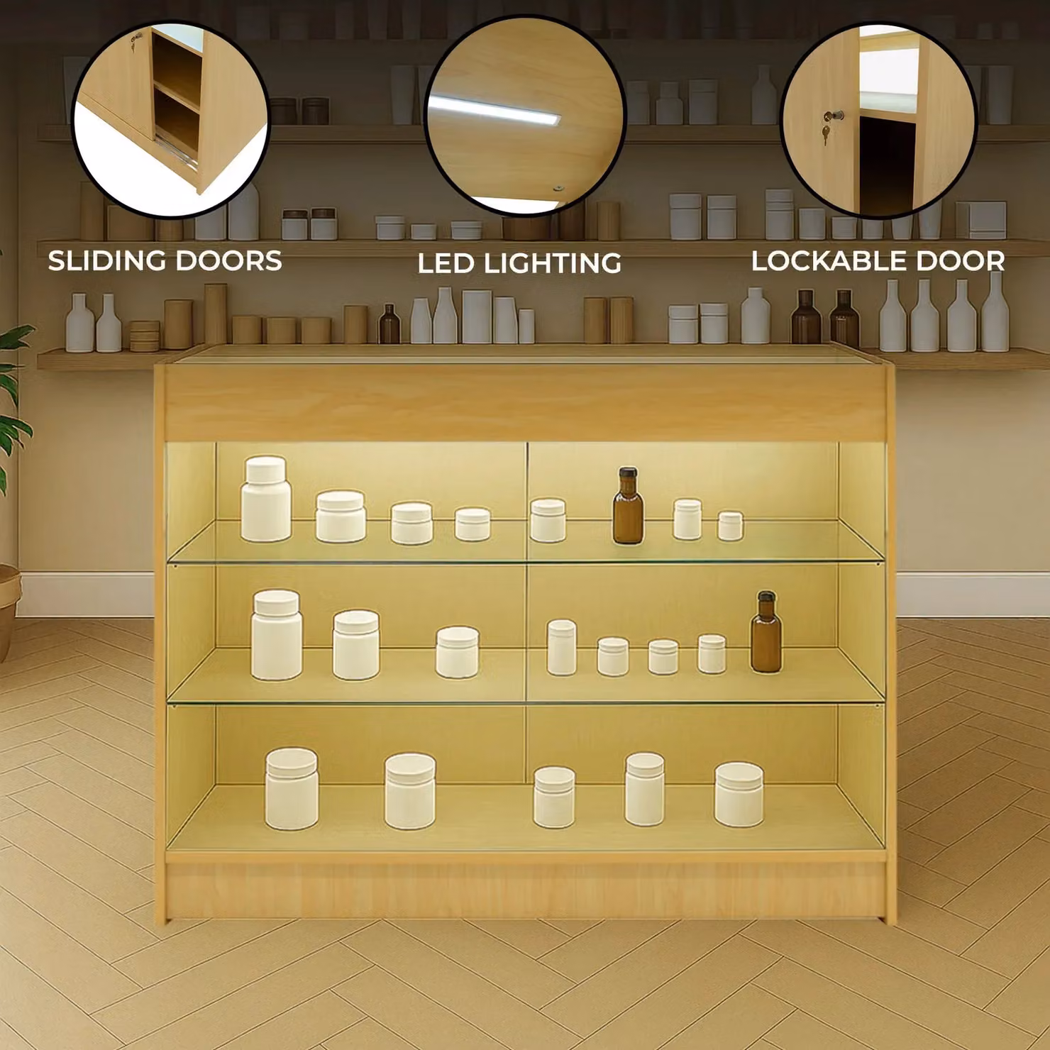 Monstershop K1200 LED Retail Shop Counter in Maple and Beige with Glass Doors and Integrated Lighting – 2