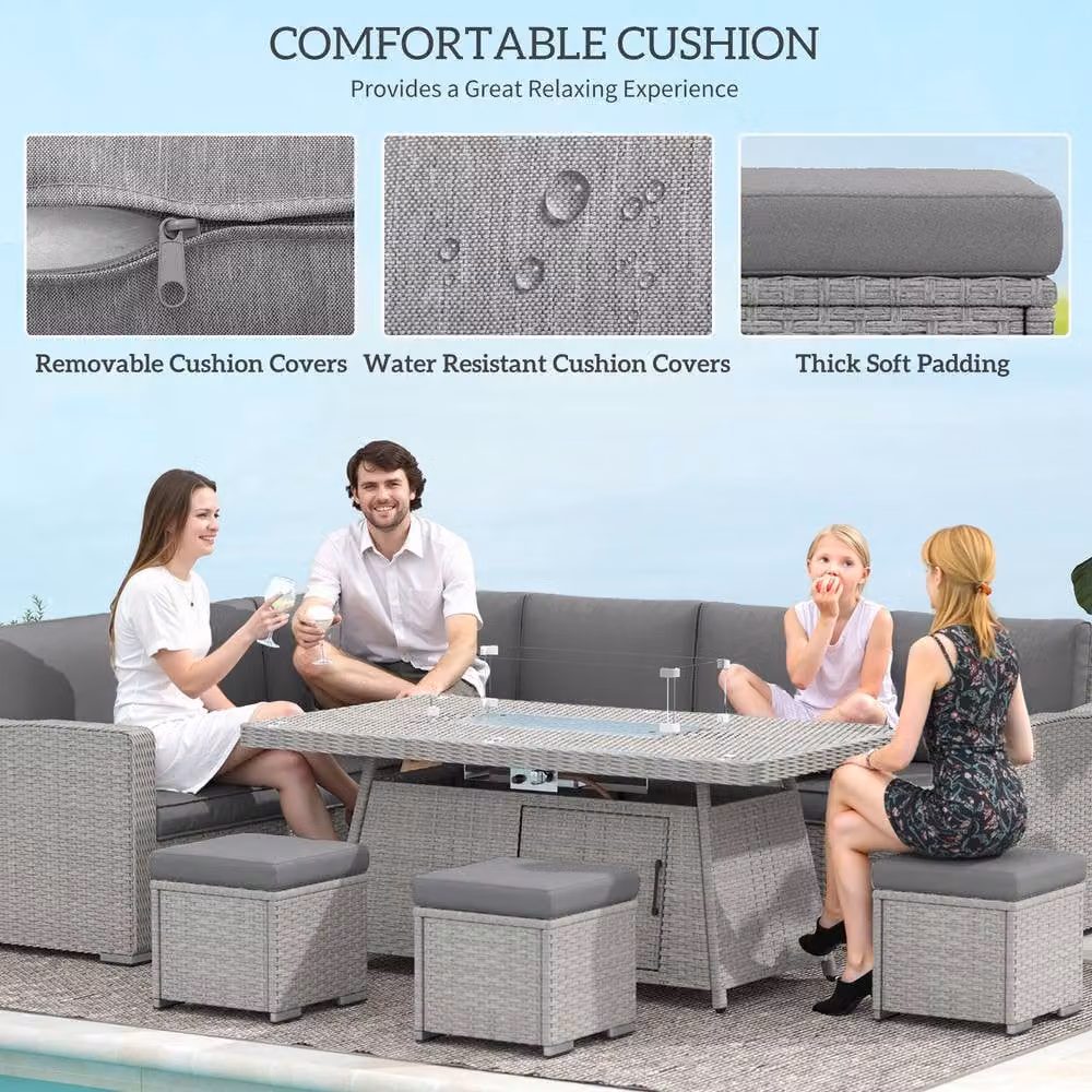 ERGOVEXA Seven-Piece Grey Rattan Firepit Table Sofa Set with Upholstered Cushions – 6