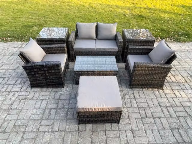 Fimous 5 Seater L-Shape Outdoor Lounge Sofa Set with Rectangular Coffee Table in Dark Grey PE Rattan
