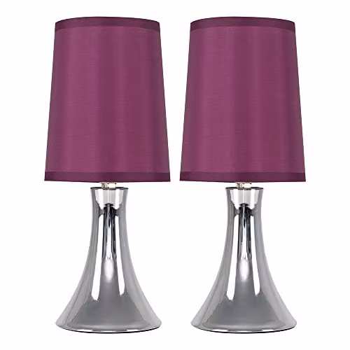 ValueLights Set of 2 Modern Chrome Touch Table Lamps with Purple Fabric Shades