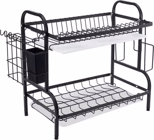 Garden Sanctuary 2-Tier Black Steel Dish Drying Rack with Drip Tray and Cutlery Holder