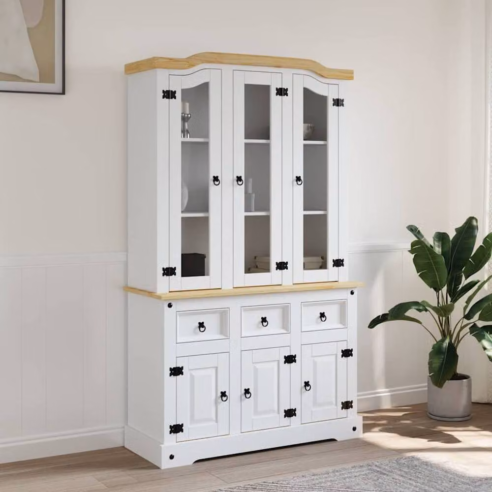 Berkfield Home Corona Highboard in White Solid Mexican Pine with Glass Doors, W/D/H: 112 x 43 x 196 cm – 2