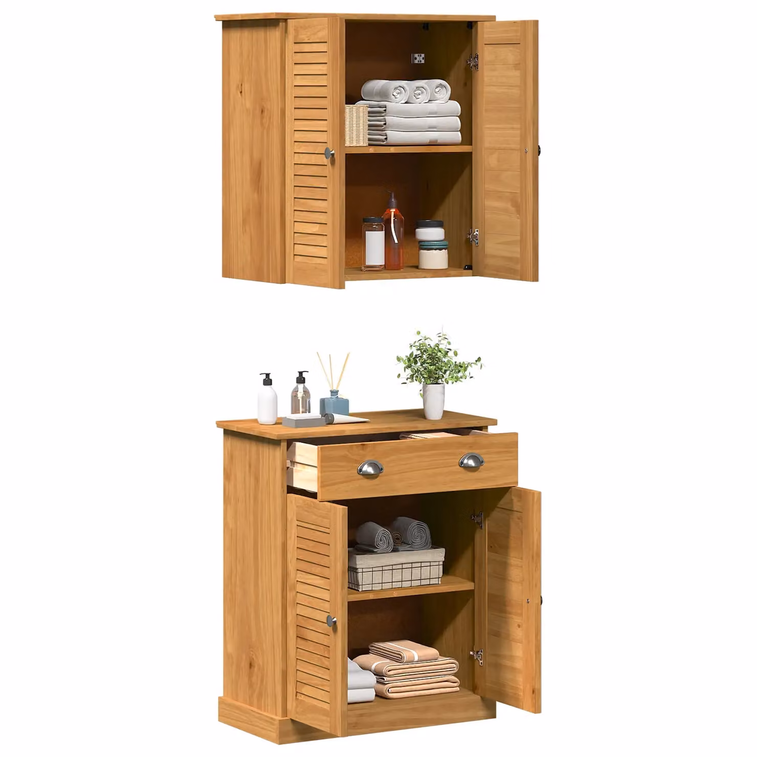Berkfield Home 2-Piece Brown Solid Pine Wood Bathroom Furniture Set with Drawer, Shelf and Door – 2