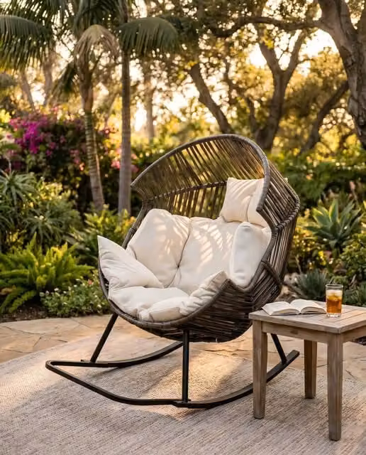 Lishetimig Oversized PE Rattan Rocking Chair with Thick Cushion in Grey