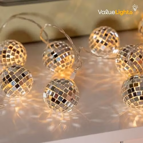 ValueLights Set of 20 Battery Operated LED Mini Silver Mirror Ball String Lights with Warm White Light – 2