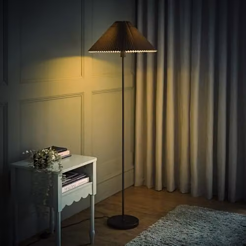 ValueLights Akira Slim Metal Floor Lamp with Pleated Fabric Shade and LED Bulb in Black and Burnt Orange – 2