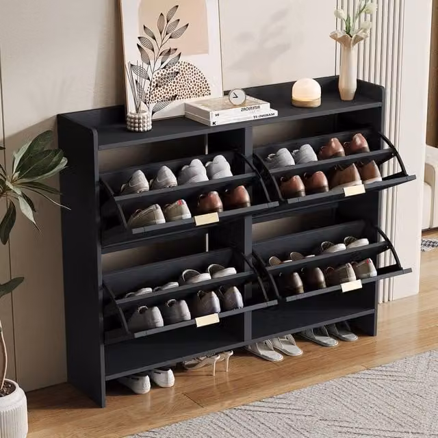 Rolipo Black Modern Freestanding Shoe Cabinet with 4 Tilting Compartments and Internal Shelves