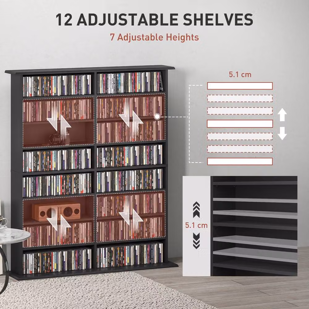 STILVORA Modern Media Shelf in Black with Adjustable Shelves and Media Compartments – 6