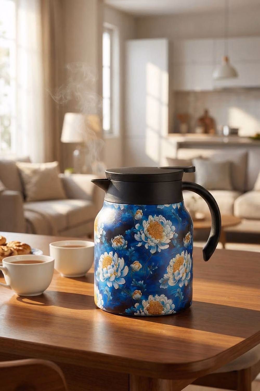 Living and Home Vintage Floral Pattern Thermal Carafe Teapot with Built-in Infuser in Dark Blue – 3