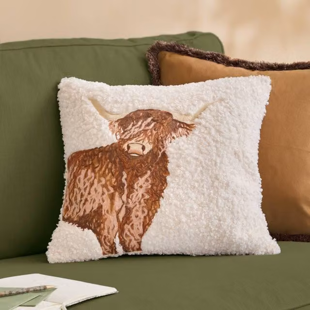 Evans Lichfield Beige Boucle Highland Cow Embroidered Square Cushion, W x D: 45 x 45 cm