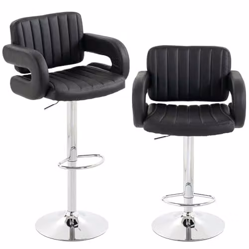 HOMCOM Set of 2 Black PU Leather Adjustable Bar Stools with Armrests and 360 Degree Swivel
