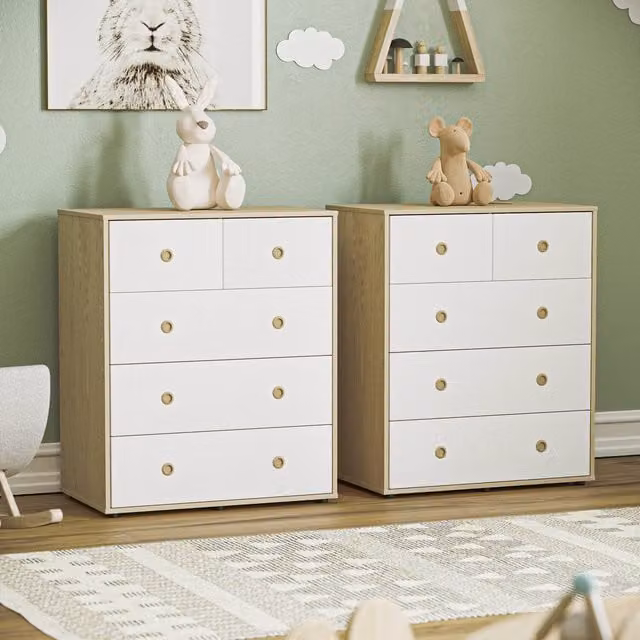 Vida Designs Neptune Set of 2 Five Drawer Chests in White and Oak