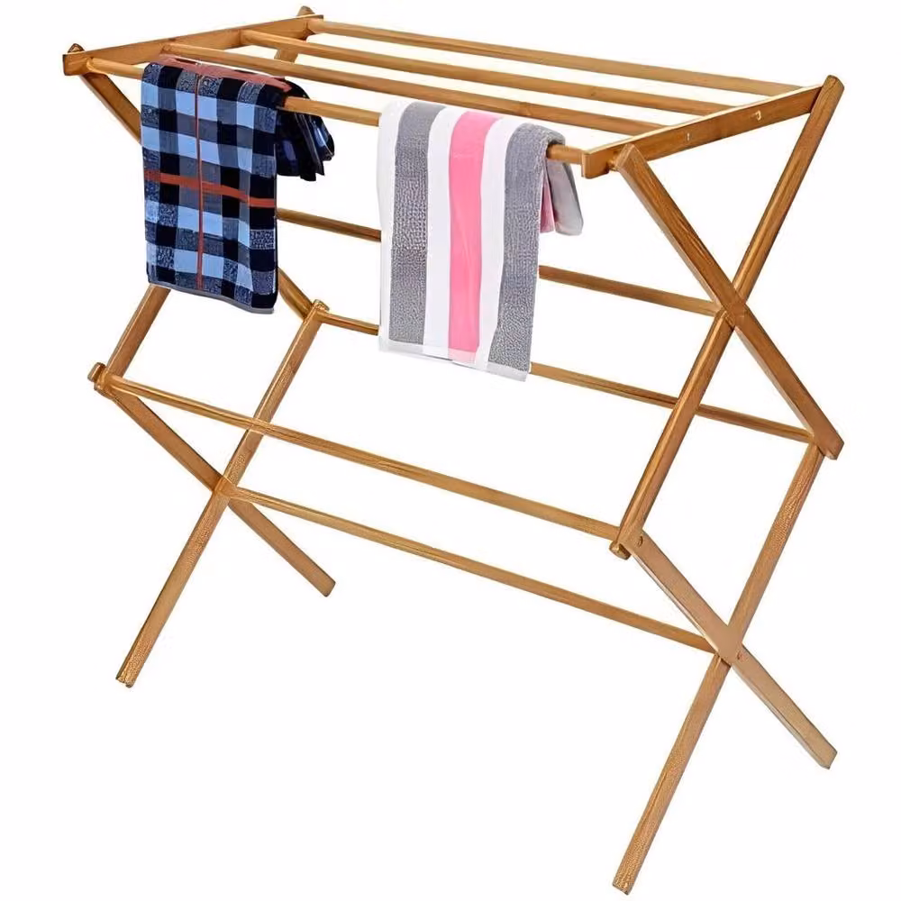 EONLION 2 Tier Foldable Bamboo Clothes Airer in Brown, Width: 100 cm – 2