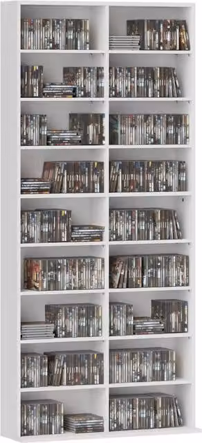 Rolipo 640 CD Media Storage Tower in White with Adjustable Shelves and Media Compartments