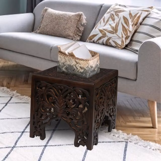 Topfurnishing Square Carved Indian Wooden Side Coffee Table in Brown and Yellow, W/D/H: 40 x 40 x 40 cm